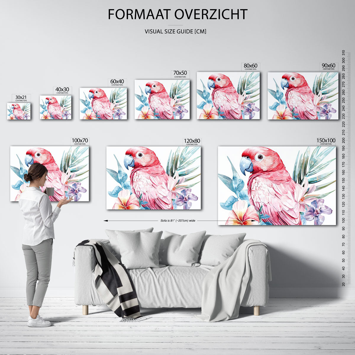 Papegaai met bloemen – liggende muurposter met dierenthema