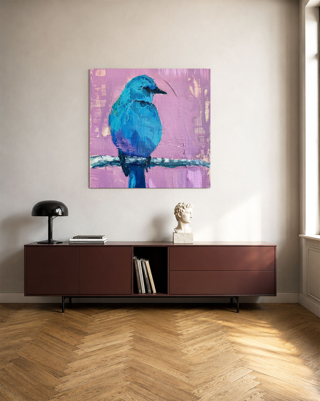 Blauwe vogel portret kunstwerk – tweede productweergave – dit kunstwerk toont een blauwe vogel op een tak tegen een roze
