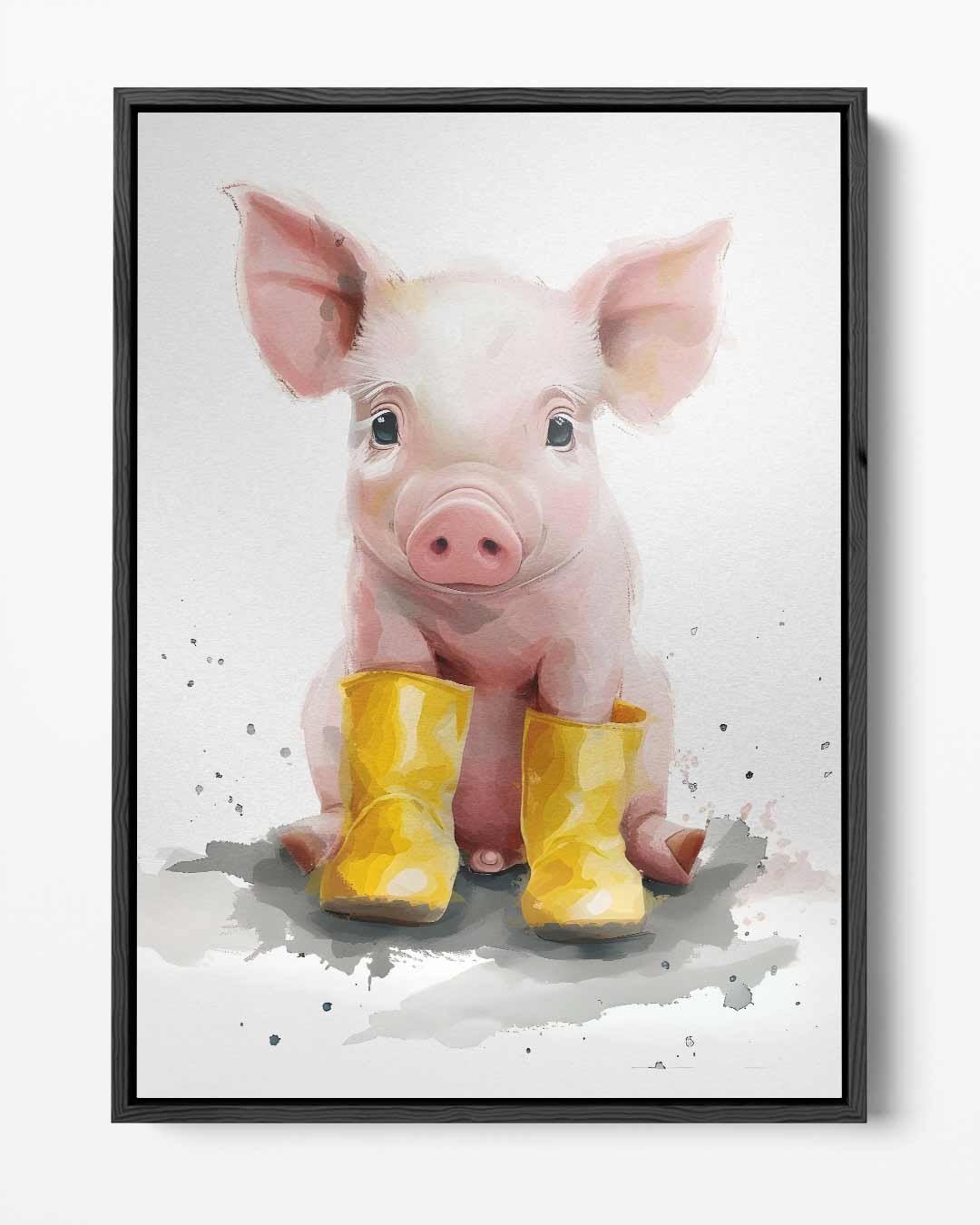 Vrolijk Biggetje in Gele Regenlaarsjes – portret kunstwerk als wanddecoratie