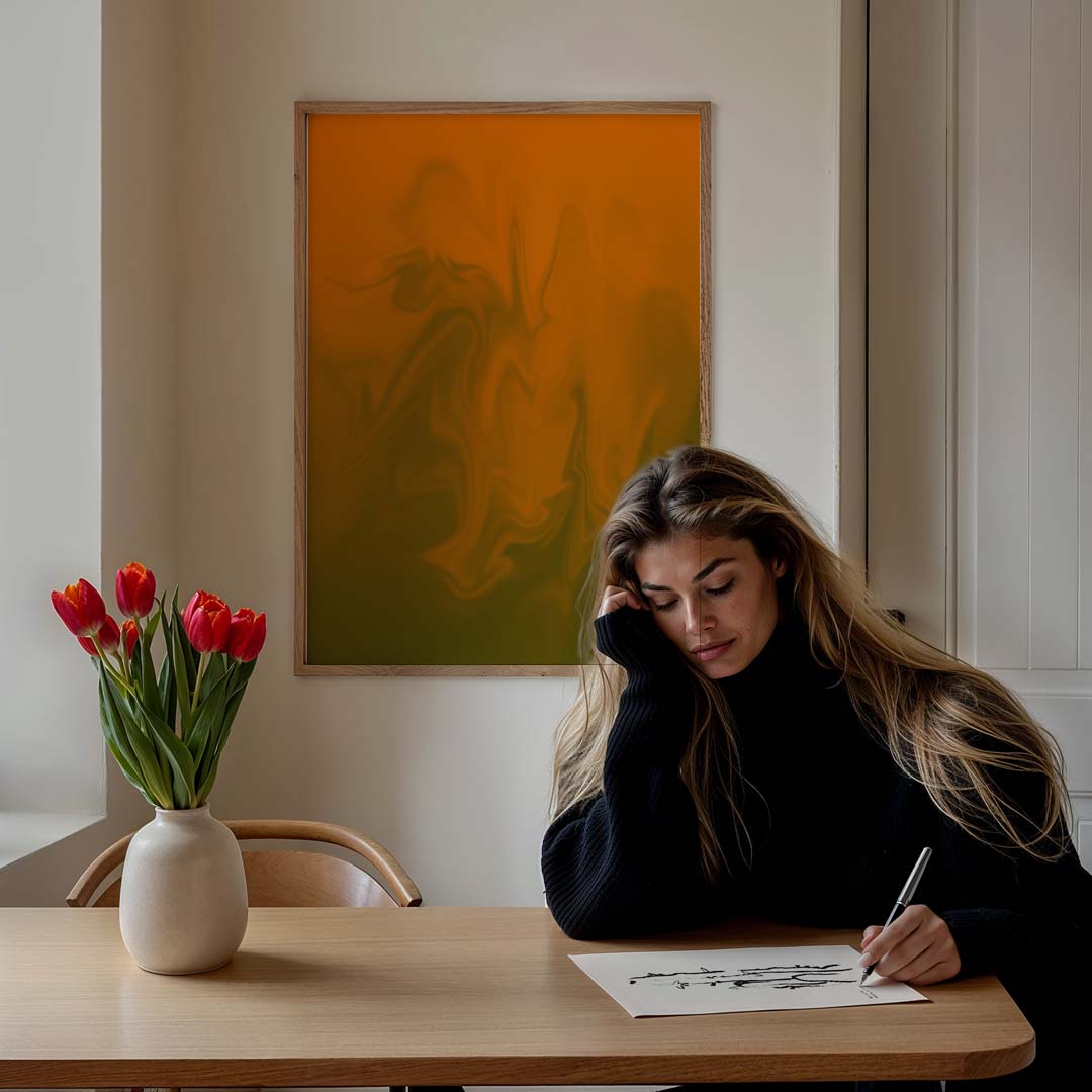 Vloeibare Oranje Droom – staande muurposter met kleurrijke abstracte vormen