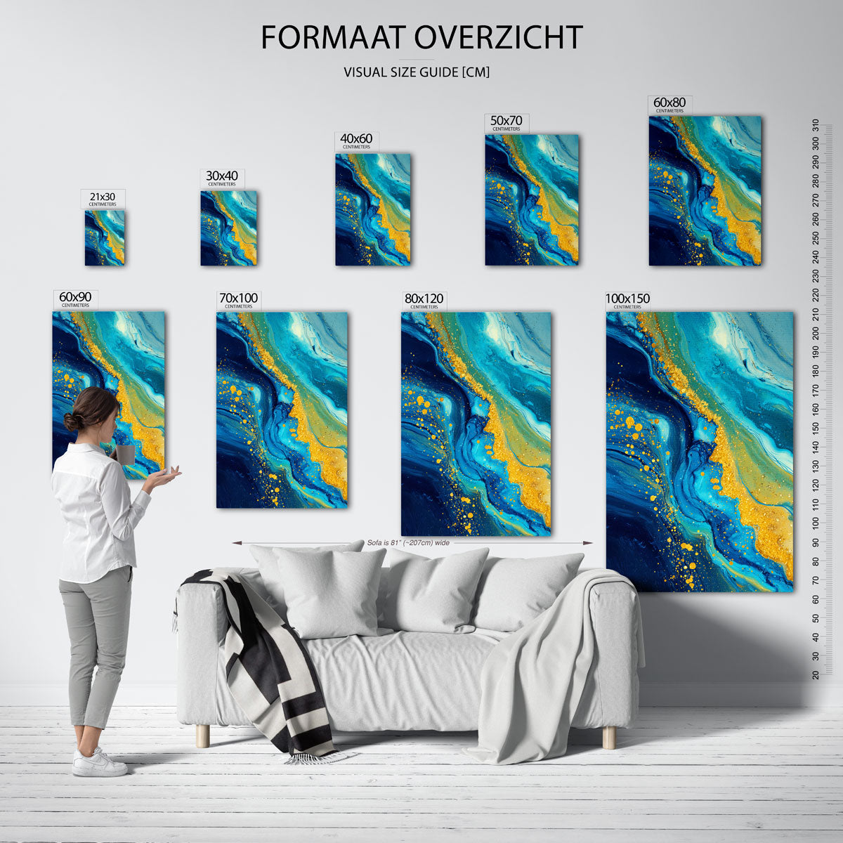 Blauwe en gouden abstracte – staande muurposter met abstracte vormen