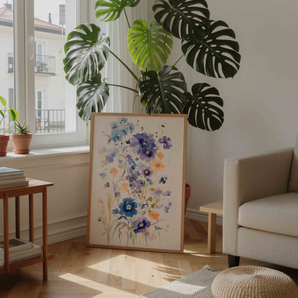 Bloemen in blauw en oranje – moderne wandkunst als portret poster