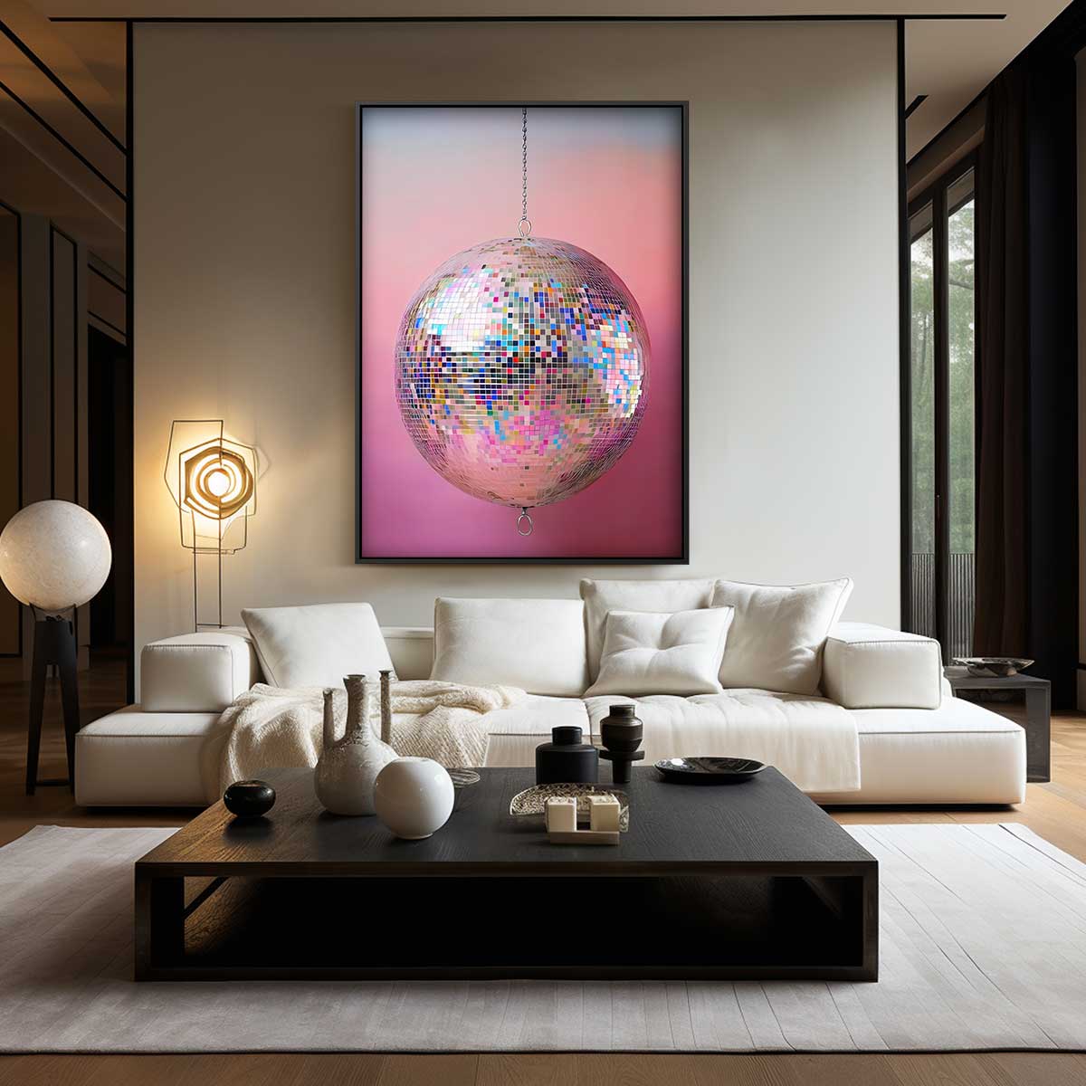 Kleurrijke Discobal op Roze Achtergrond – kunstwerk met zwarte baklijst
