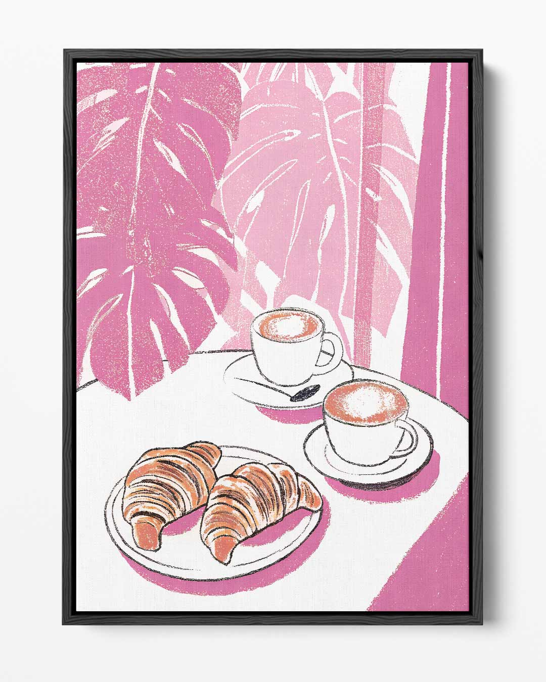 Koffie en Croissants in Roze Oase – portret kunstwerk als wanddecoratie