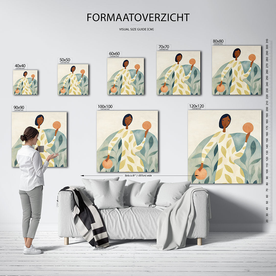 Vrouw met cirkels kunstwerk – sfeerbeeld – dit werk toont een figuur met vloeiende lijnen en zachte kleuren. De compositie is