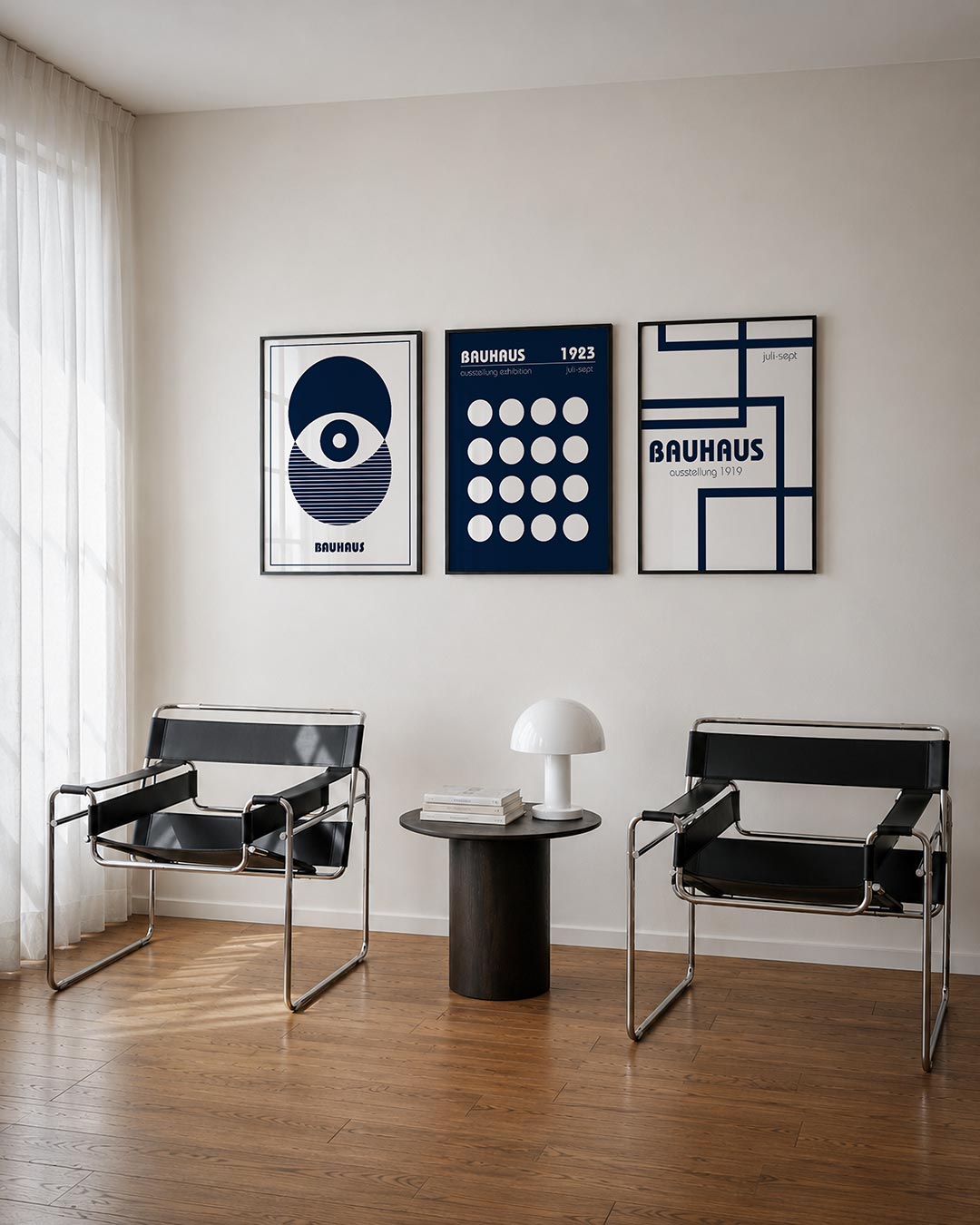 Cirkel en lijnen driedelige posterset – donkerblauwe cirkels en lijnen vormen een intrigerend patroon op een witte