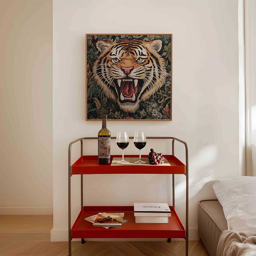 Tijger met bloemen – vierkante William Morris wanddecoratie van WallArtistic