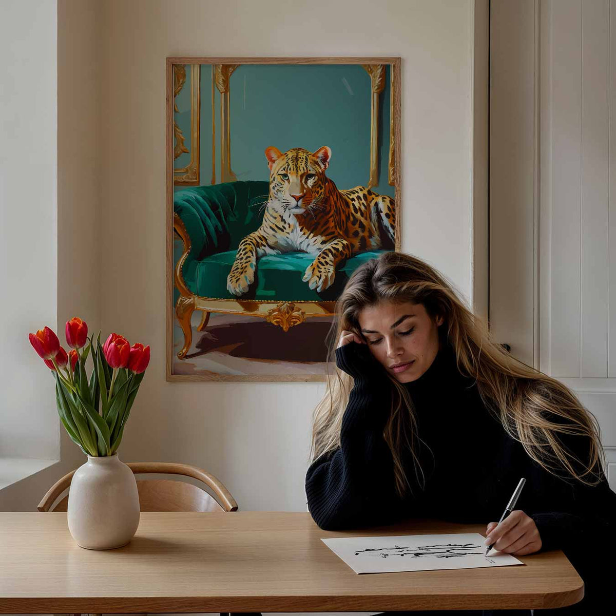 Luxe Leopard Lounge – staande dieren wanddecoratie van WallArtistic