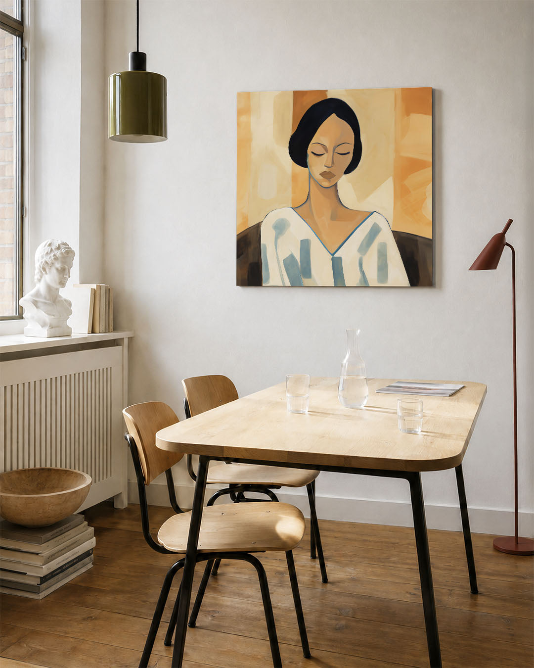 Vrouwelijk portret kunstwerk – vierkante wanddecoratie – dit werk toont een vrouw met gesloten ogen, omgeven door zachte