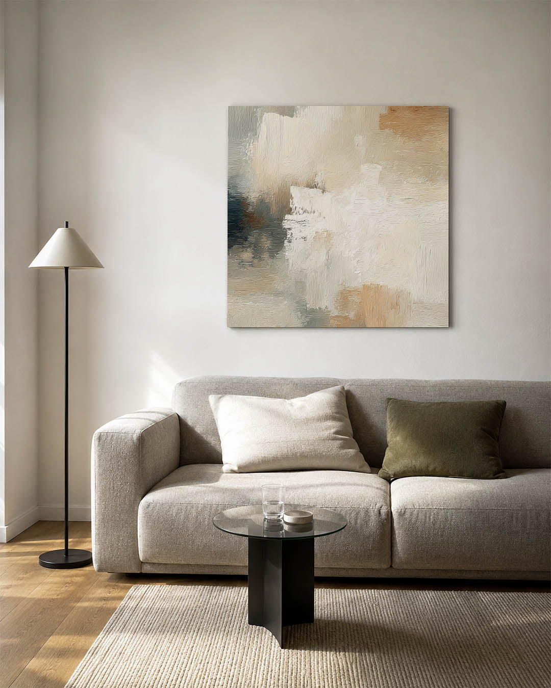 Zachte kleuren compositie kunstwerk – vierkante wanddecoratie – dit werk toont een mix van beige en grijs tinten, met