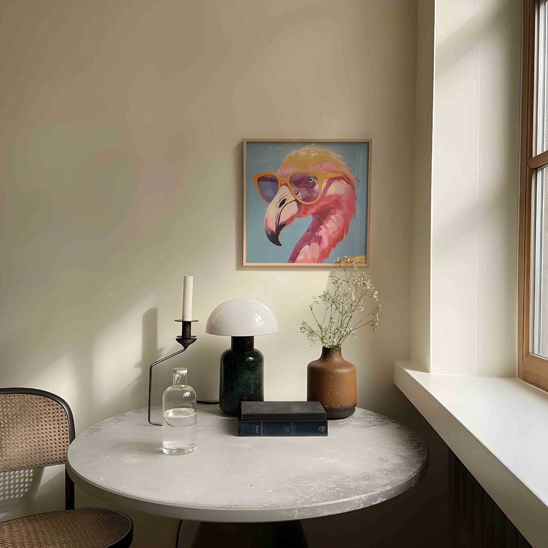 Flamingo met zonnebril – dieren poster in vierkant formaat