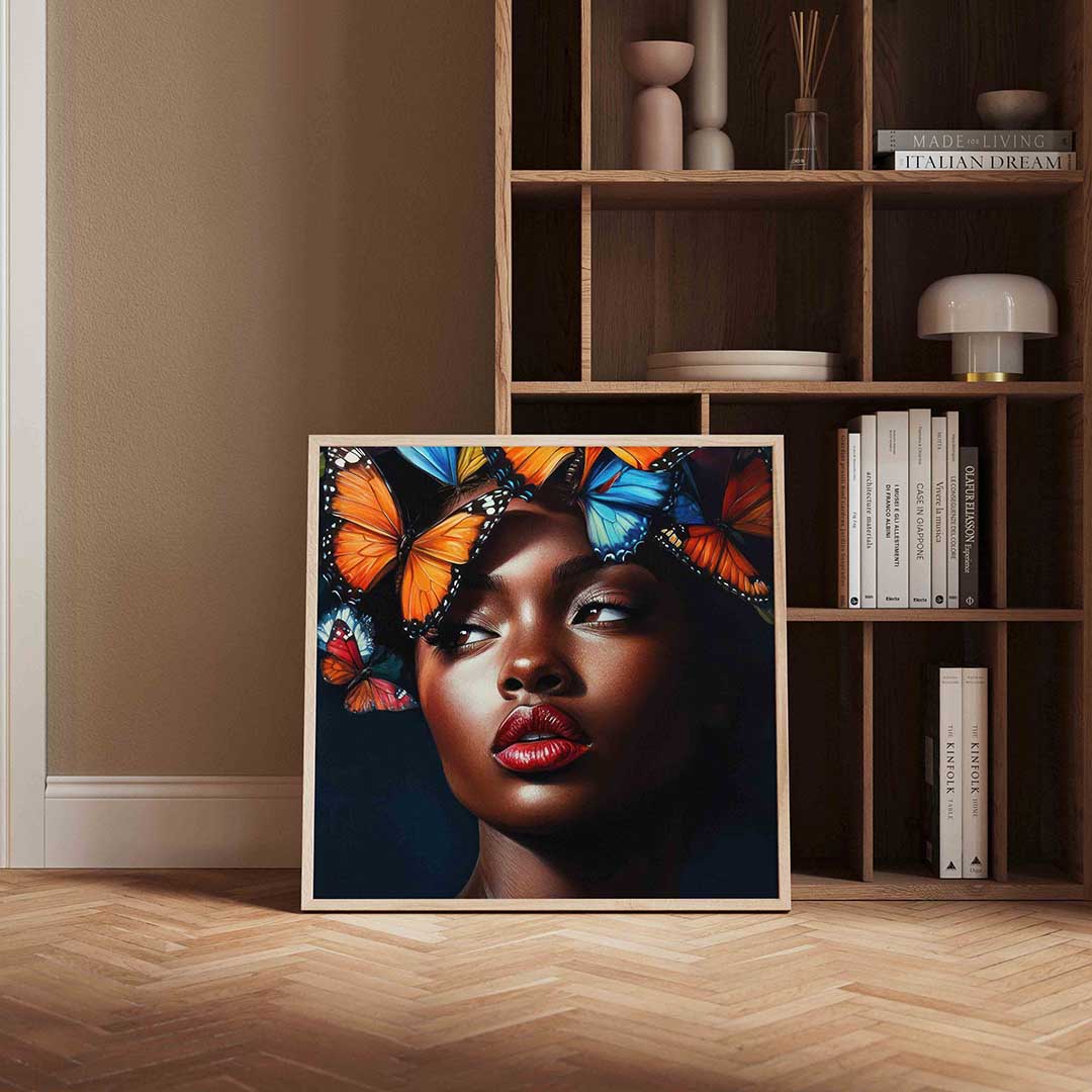 Vlinders en vrouw – portret poster in vierkant formaat