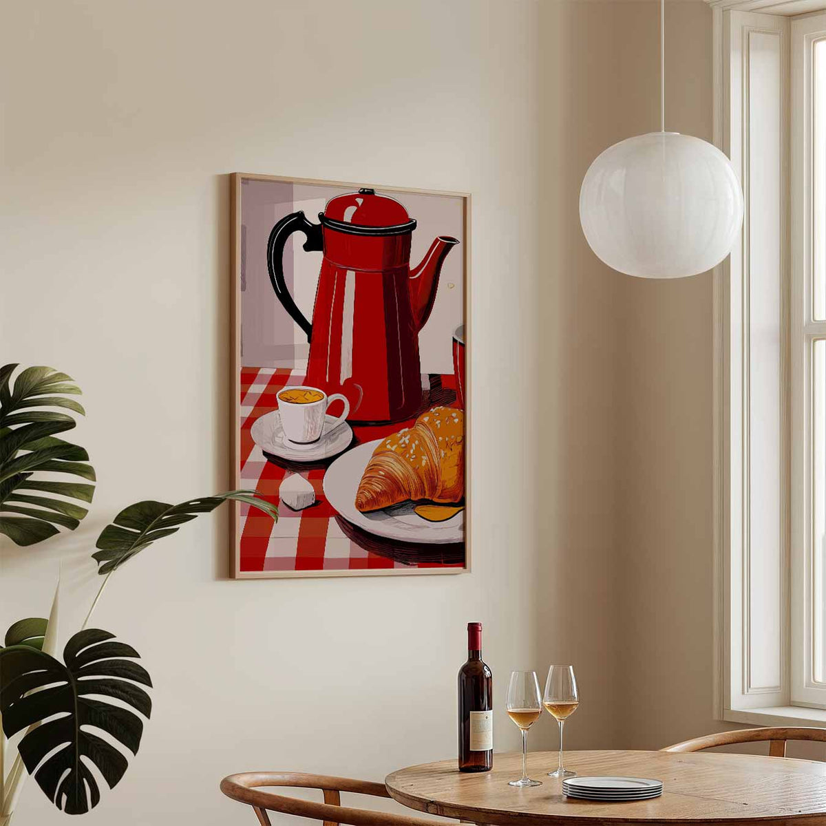 Vintage Koffie en Croissant – keukenposter in staand formaat
