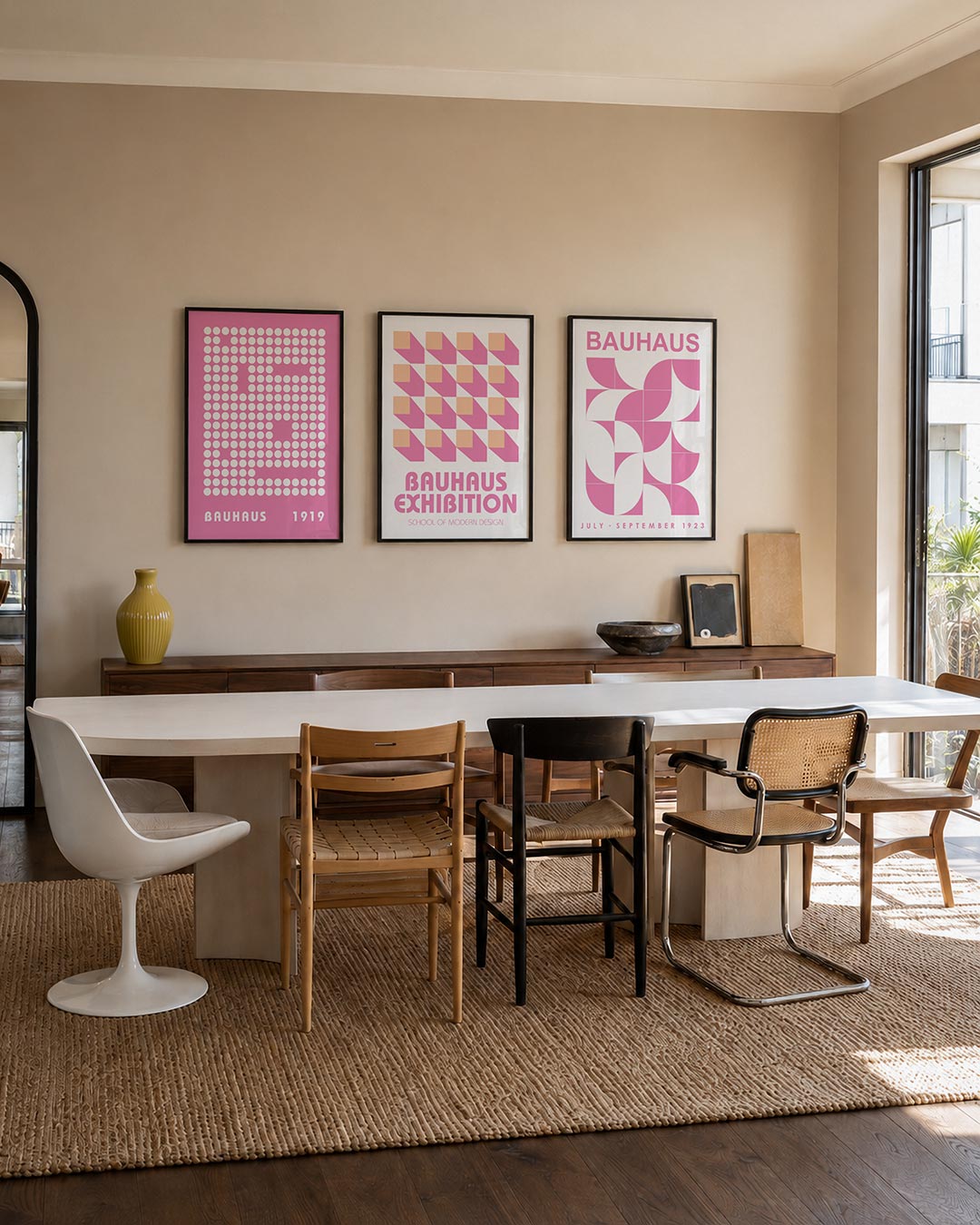 Ritmische puntstructuur driedelige posterset – deze poster toont een speelse ordening van witte stippen op een roze