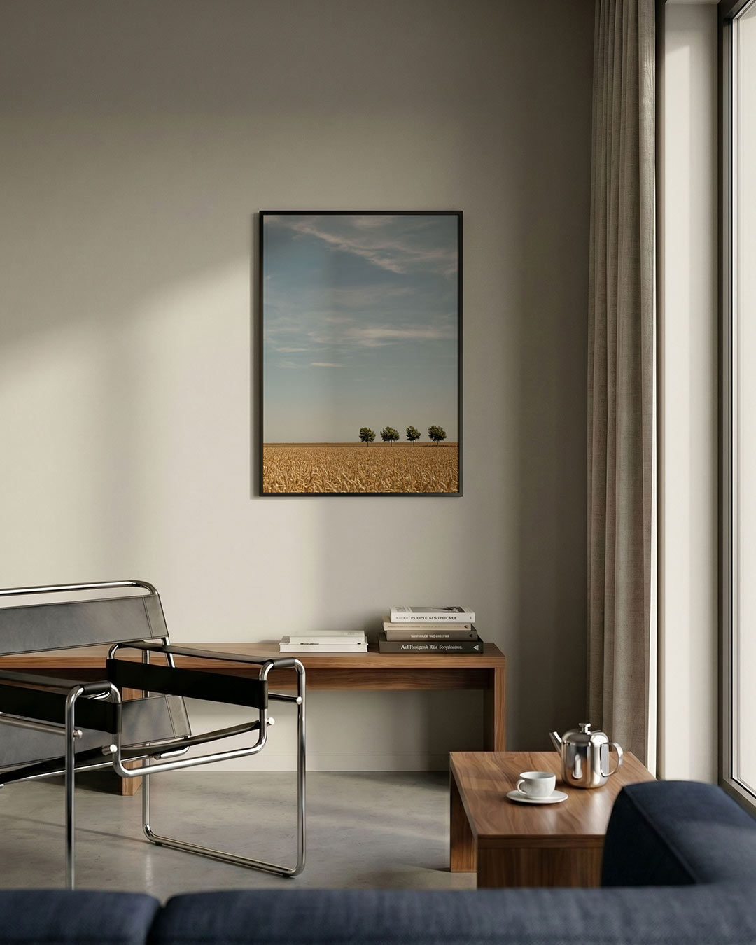 Rustig landschap poster – detailweergave – een uitgestrekt veld met gouden graan en vier bomen aan de horizon onder een