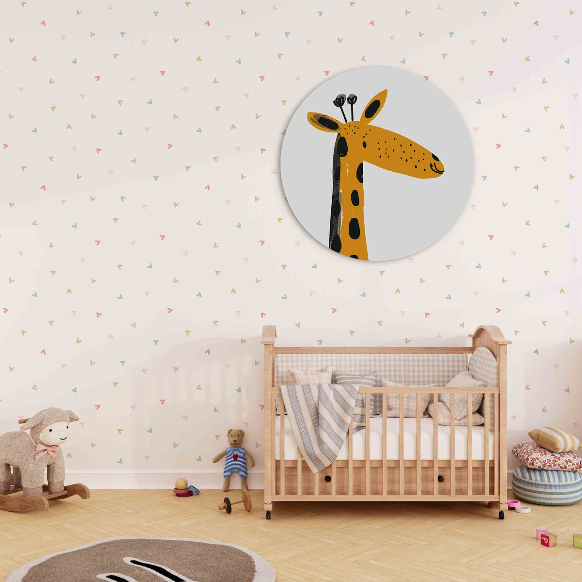 Giraffe illustratie Muurcirkel – derde productweergave – Een giraffe met een oranje lichaam en zwarte vlekken staat centraal