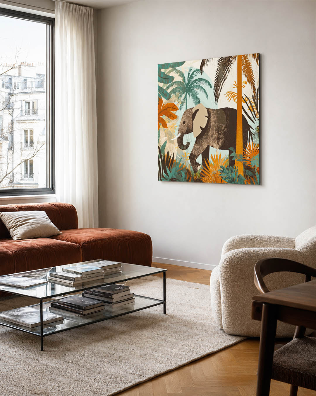 Dierlijke jungle scène kunstwerk – vierkante wanddecoratie – dit kunstwerk toont een olifant in een weelderige jungle