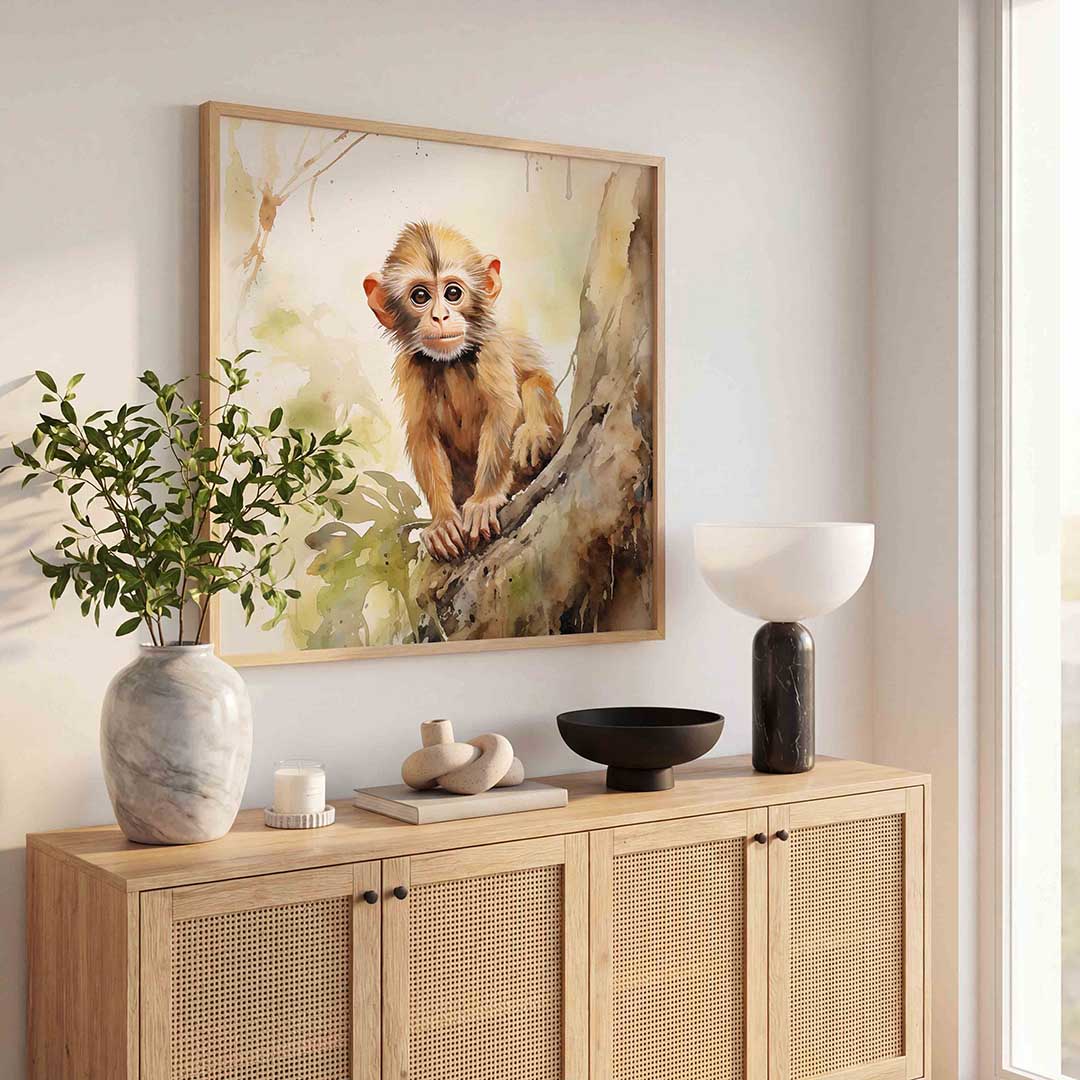 Jonge aap op boom – vierkante jungle wanddecoratie van WallArtistic