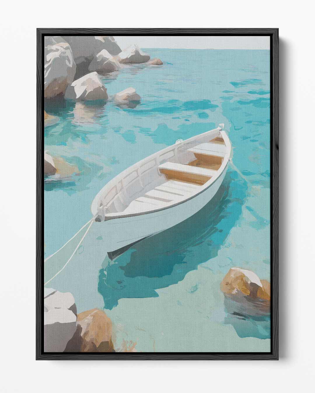 Rustgevend Bootje op Helder Blauw Water – portret kunstwerk als wanddecoratie