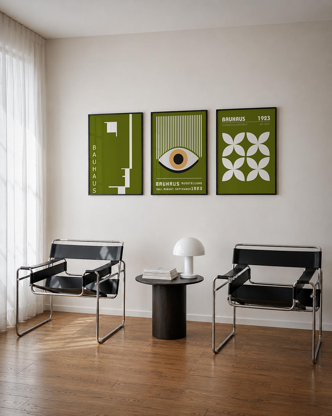 Lijnen en vlakken driedelige posterset – deze posterset in drie delen speelt met olijfgroene vlakken en witte lijnen. De