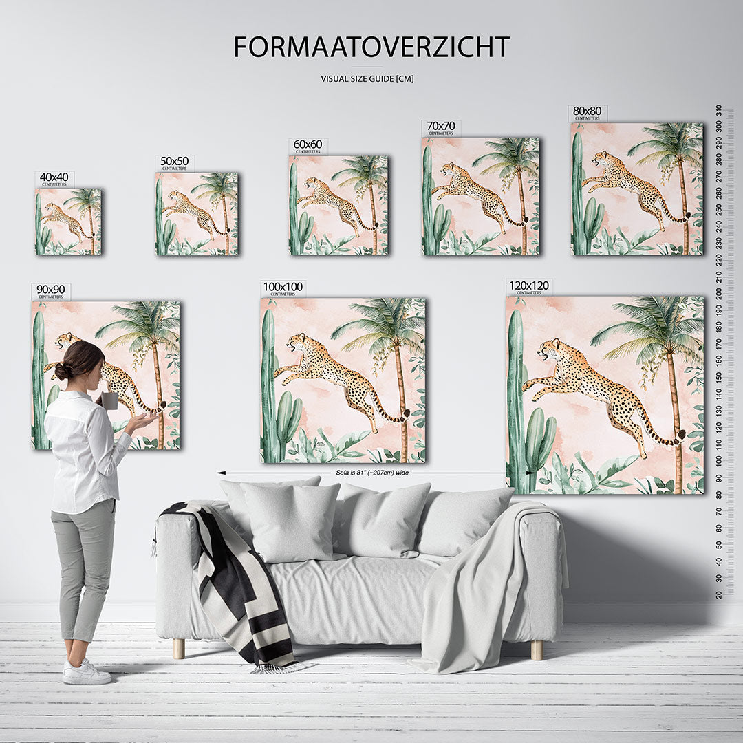 Springende luipaard kunstwerk – een levendig werk met een luipaard die door een groene jungle springt, omringd door palmbomen