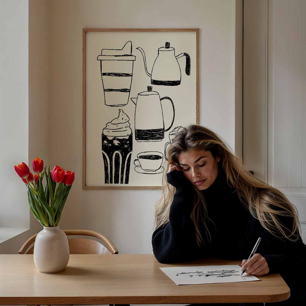 Koffiemoment Illustratie – staande muurposter met zomerse uitstraling