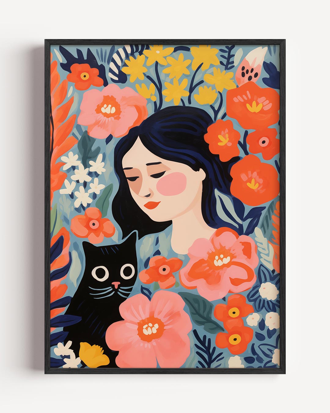 Bloemrijke Droomwereld Kat & Vrouw – keuken portret poster als wanddecoratie