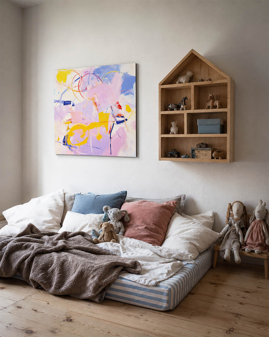 Dynamische kleurenexplosie kunstwerk – derde productweergave – dit werk toont een levendige mix van kleuren en vormen. De