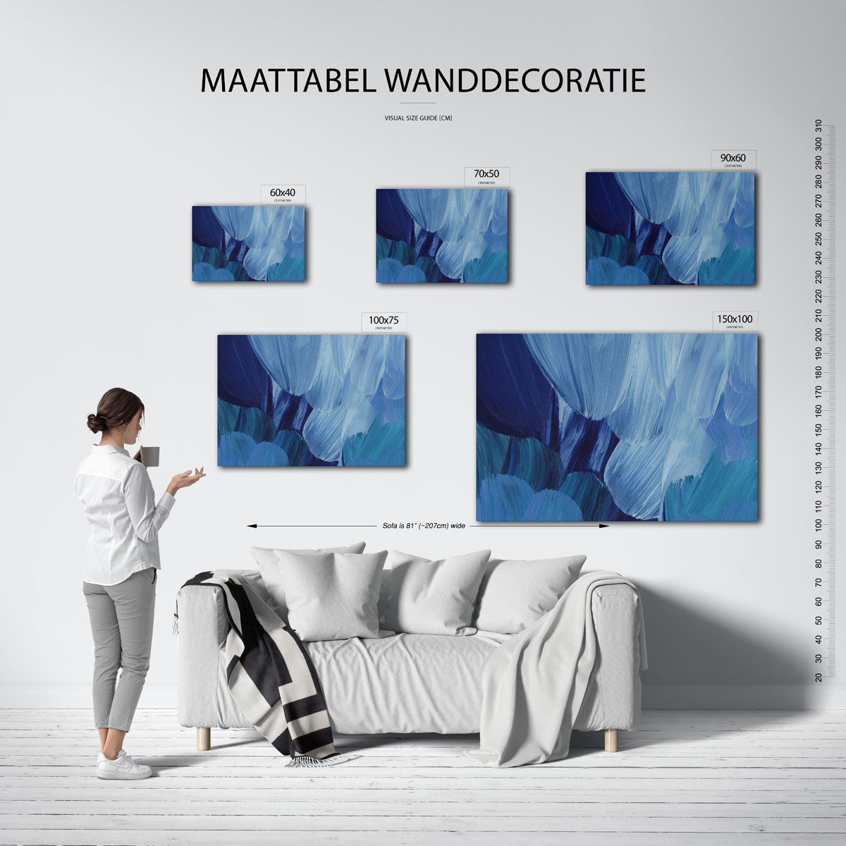 Dynamische blauwe borstels – Subtiele – moderne liggende wandkunst