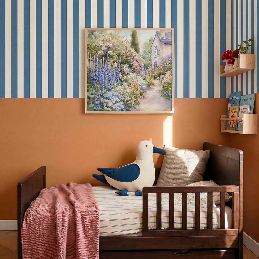 Bloementuin en huis – kids poster in vierkant formaat