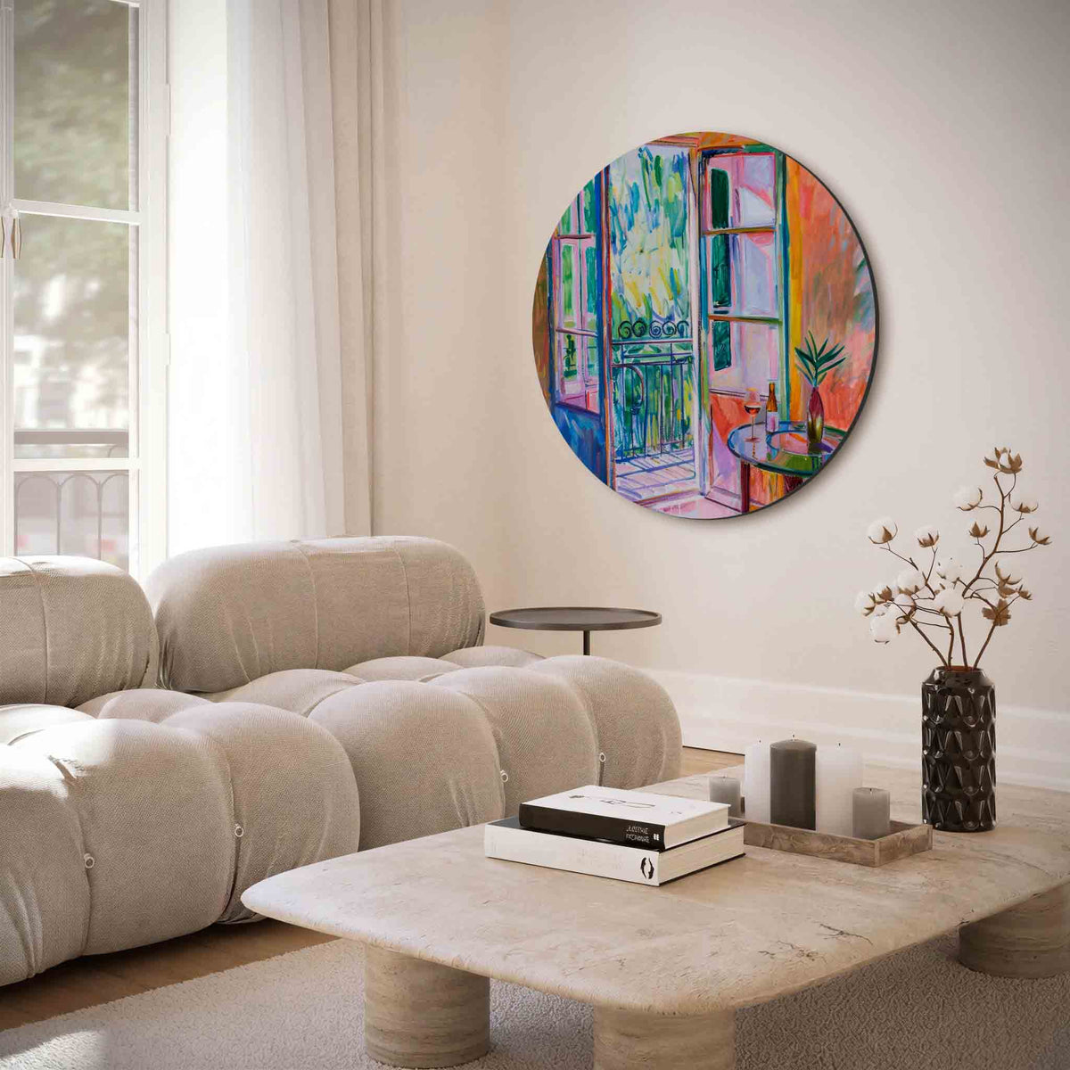 Open balkon met tafel – muurcirkel met abstracte texturen voor aan de muur