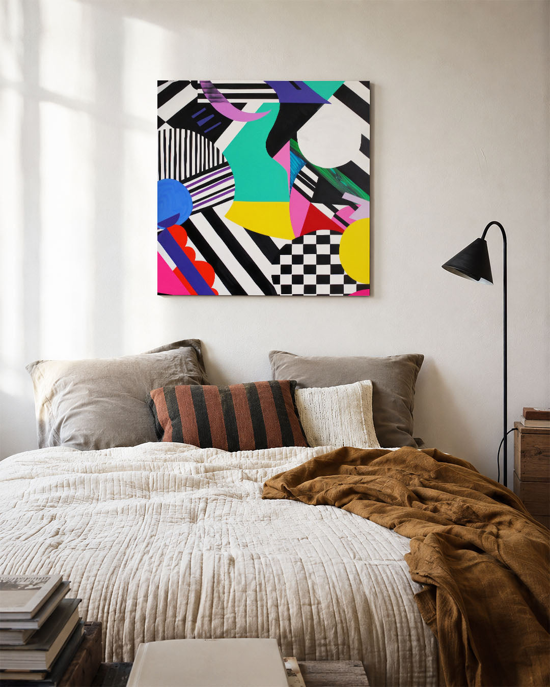 Dynamische geometrie kunstwerk – detailweergave – dit werk toont een levendige mix van geometrische vormen en patronen in een