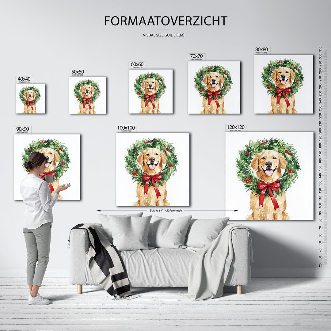 Hond met kerstkrans kunstwerk – sfeerbeeld – een vrolijke hond met een groene krans en rode bessen. De krans is versierd met