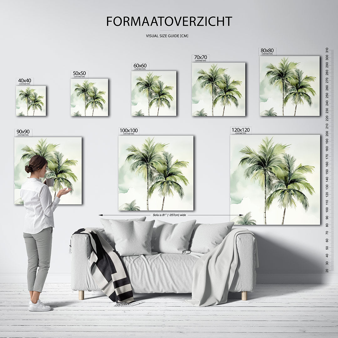 Tropische palmen kunstwerk – dit kunstwerk toont sierlijke palmbomen met weelderige bladeren. De zachte kleuren en vloeiende