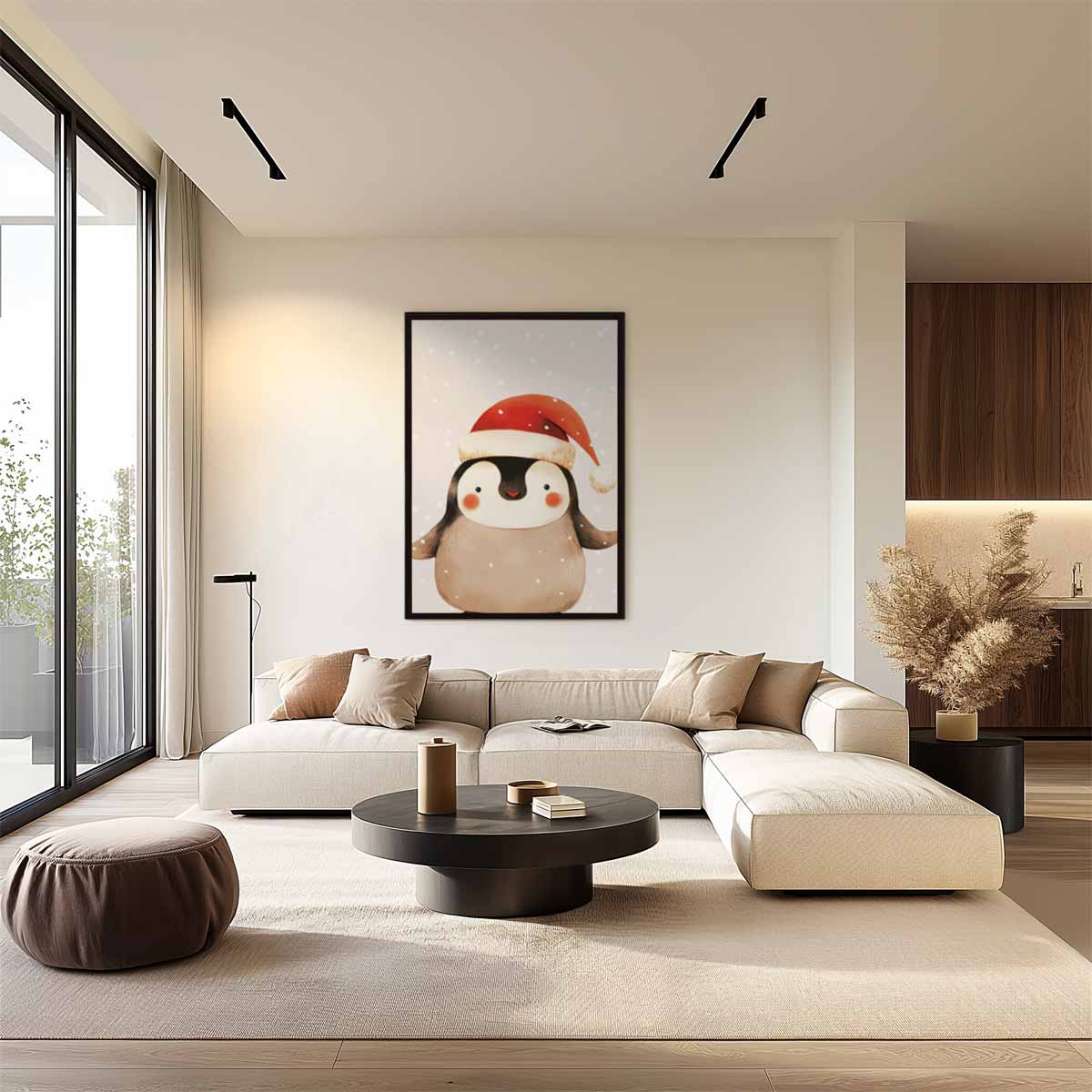 Schattige Kerstpinguïn Illustratie – dibond wanddecoratie in staand formaat