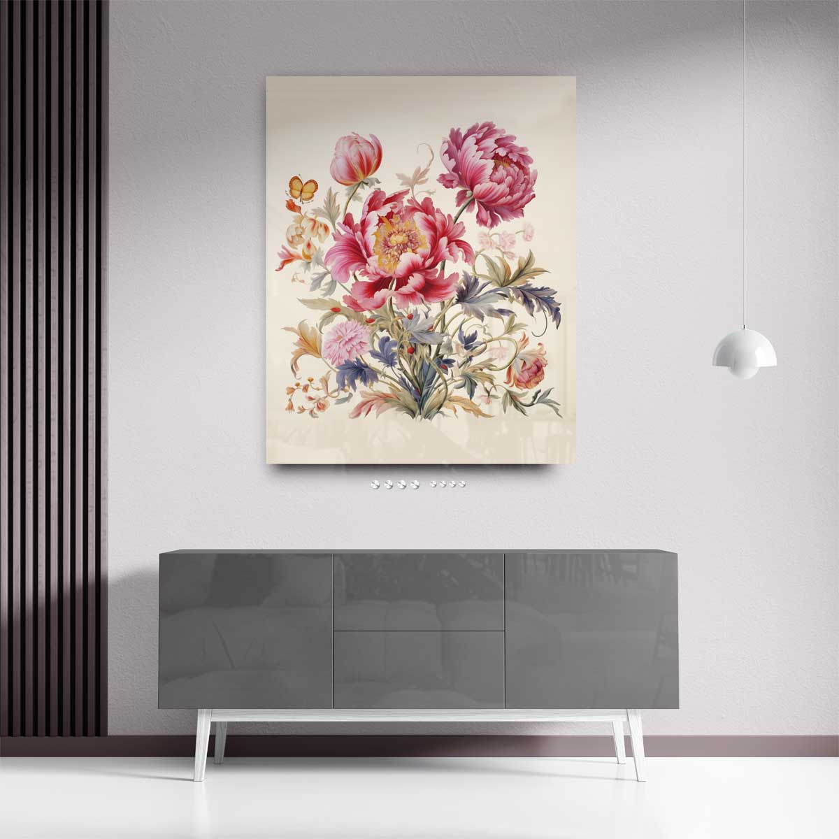 Bloemenpracht met Vlinder – plexiglas kunstwerk als wanddecoratie