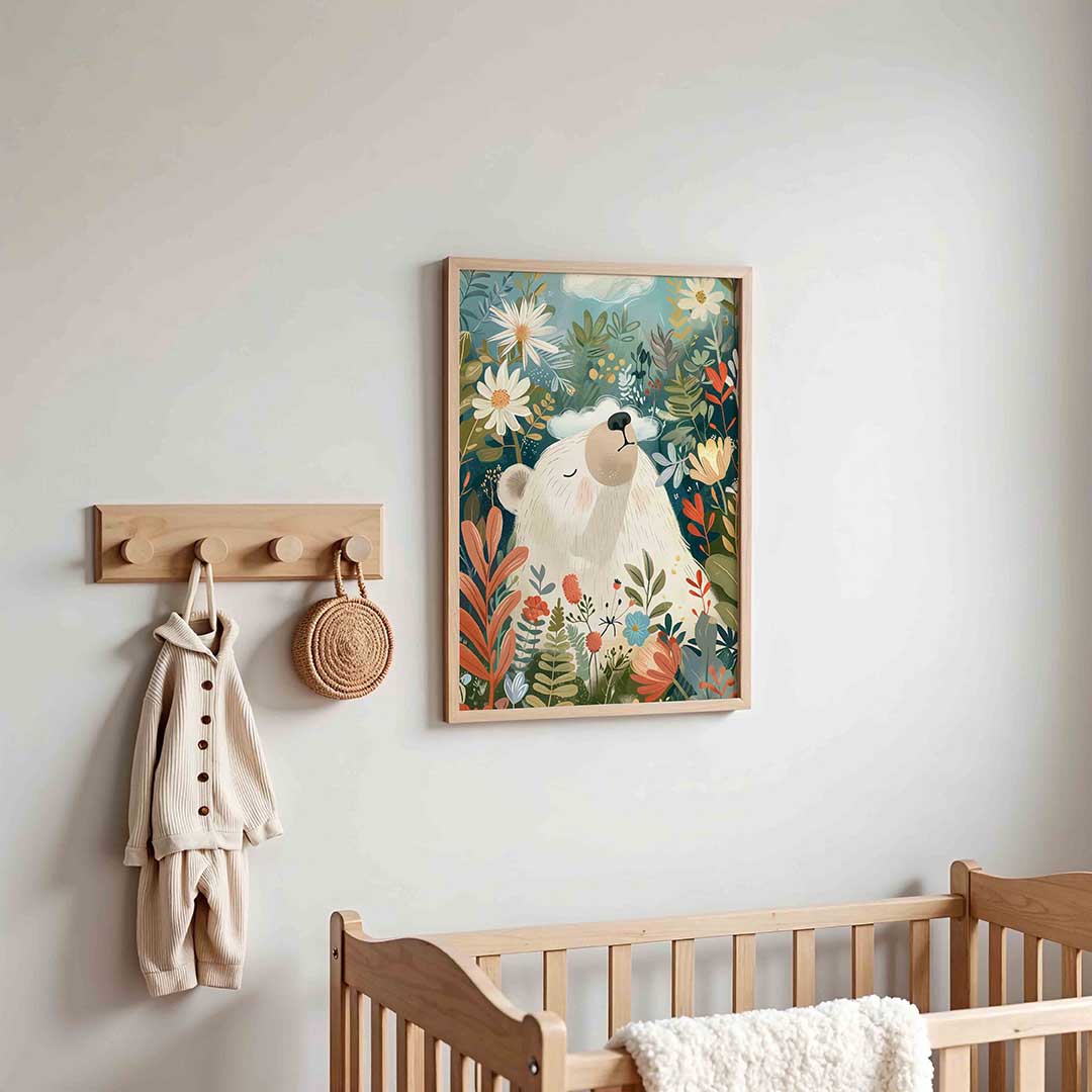 Beer tussen bloemen – kinderposter in staand formaat