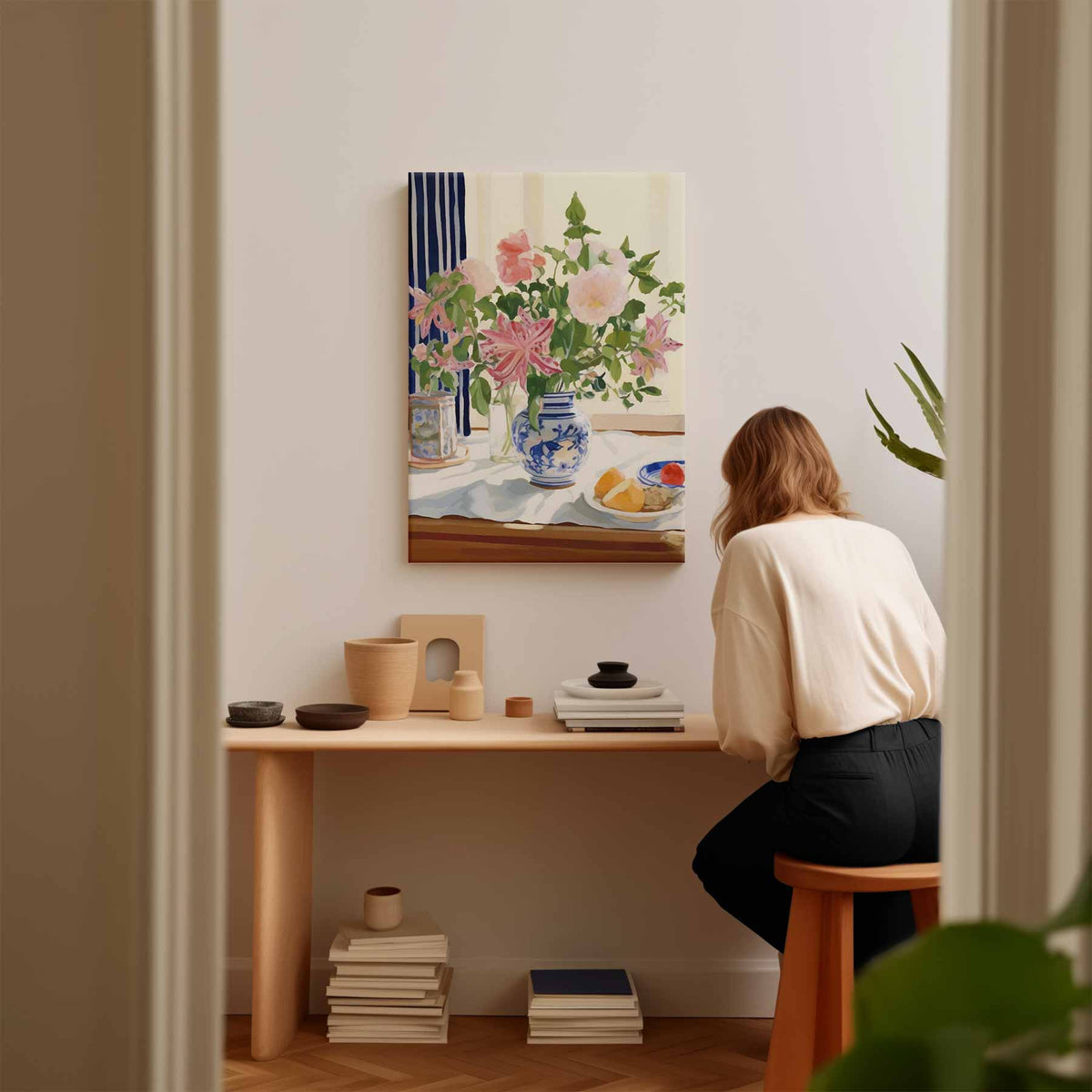Bloemenpracht in Blauw-Witte Vaas – portret kunstwerk als wanddecoratie, afbeelding 17