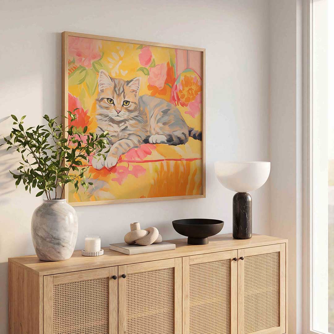 Kat met bloemen – dierenillustratie als vierkante poster