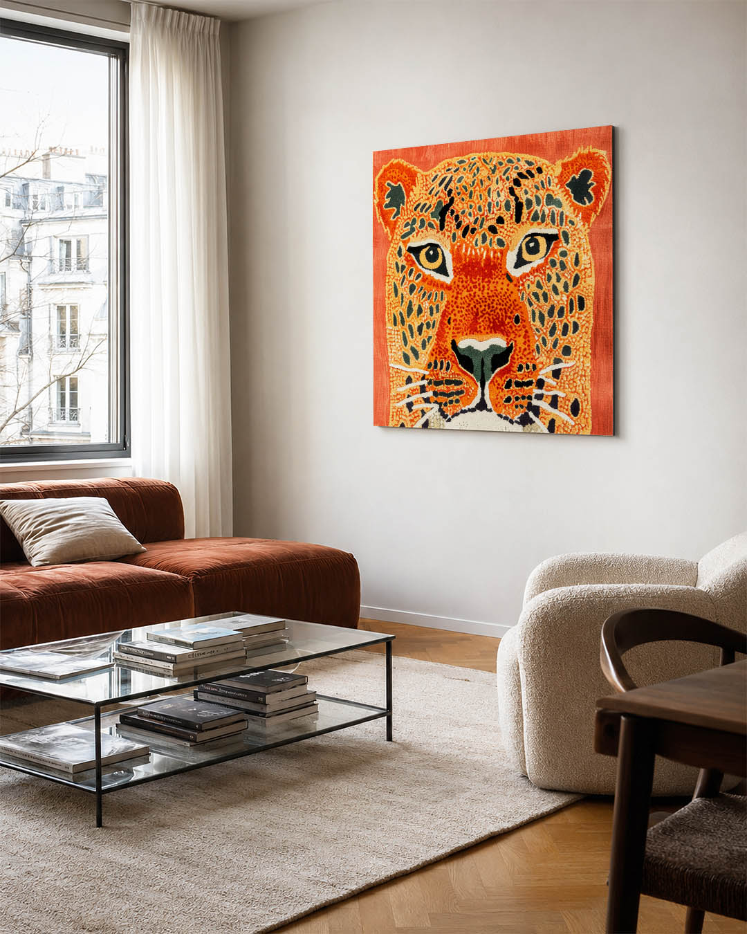 Levendige dierenprint kunstwerk – vierkante wanddecoratie – dit werk toont een gedetailleerde afbeelding van een luipaard met