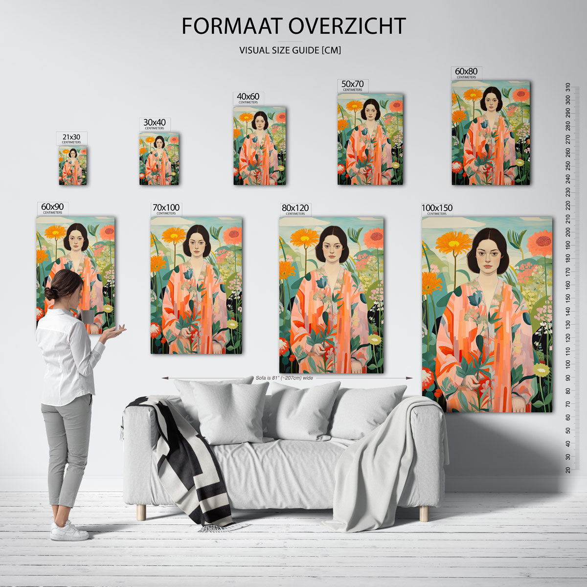 Vrouw met bloemen – staande muurposter met botanisch thema