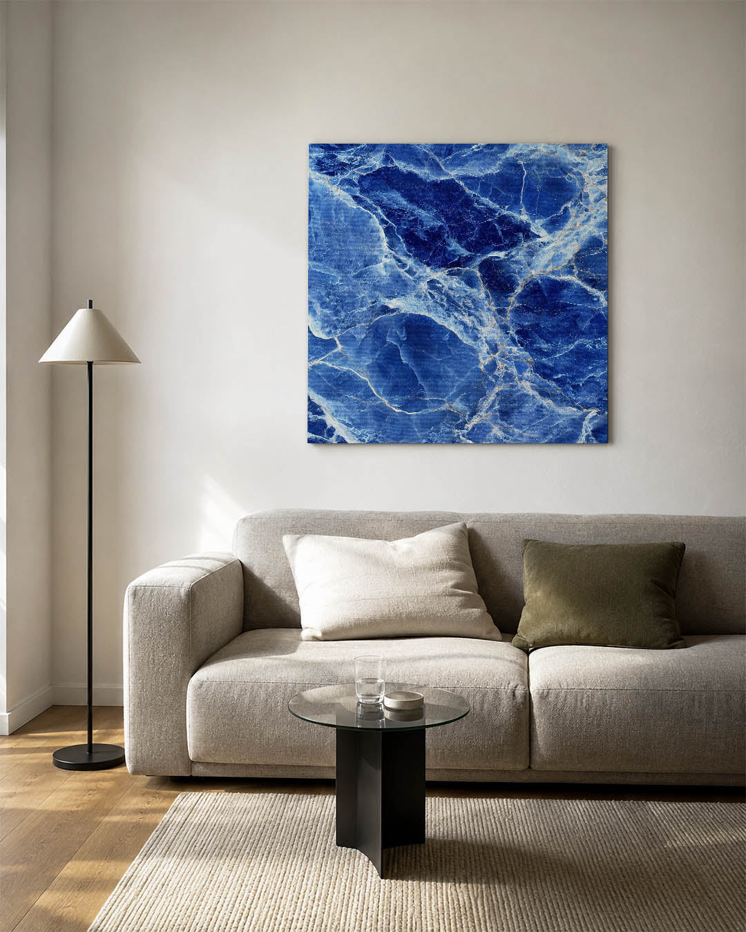 Blauwe marmerstructuur kunstwerk – vierkante wanddecoratie – dit werk toont een intrigerend patroon van blauwe en witte