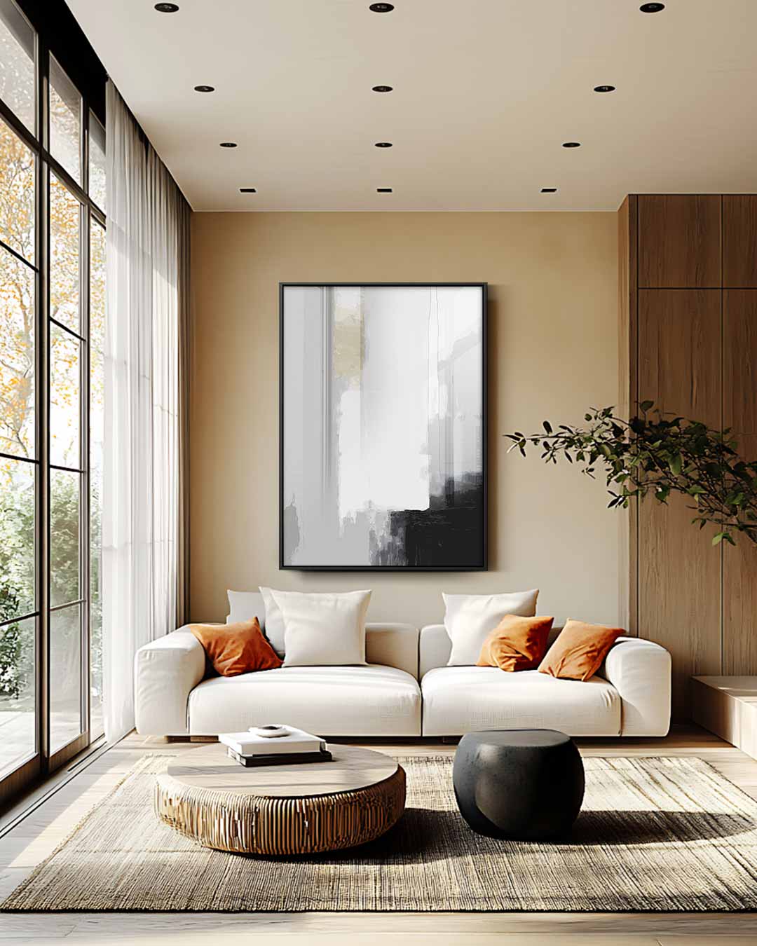 Abstracte Grijze Compositie – staande wandkunst voor woonkamer of interieur