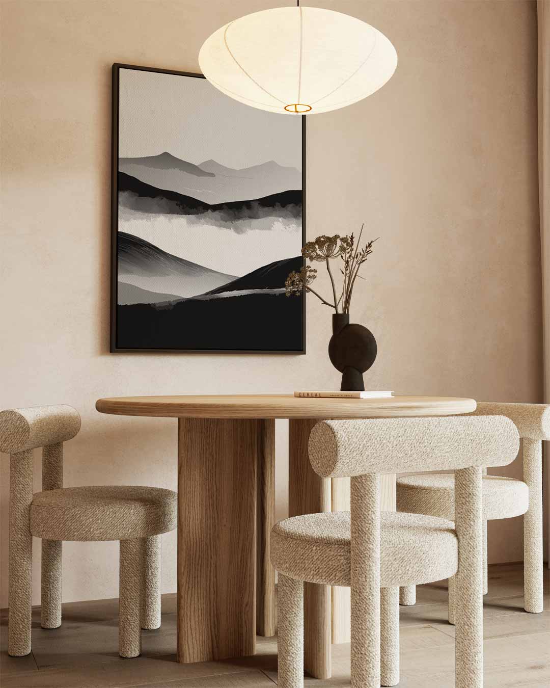 Sereen Landschap in Zwart & Wit – kunstwerk met zwarte baklijst