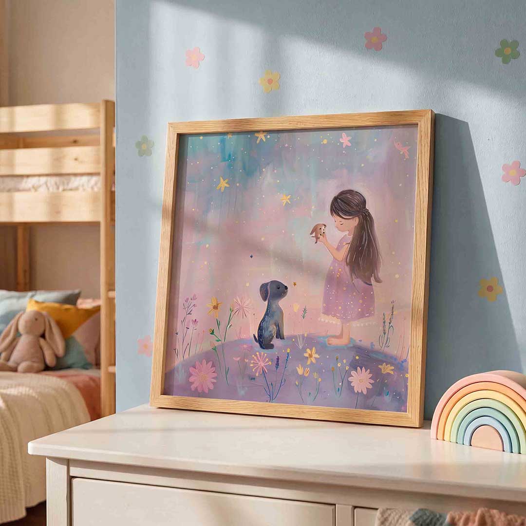 Meisje met hondjes – speelse wandkunst als vierkante kinderposter