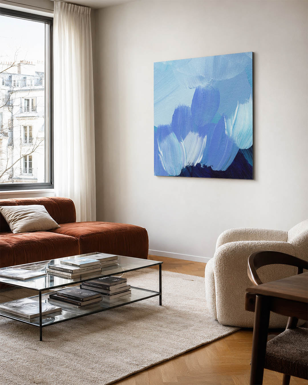 Dynamische blauwtinten kunstwerk – vierkante wanddecoratie – dit werk toont vloeiende penseelstreken in verschillende