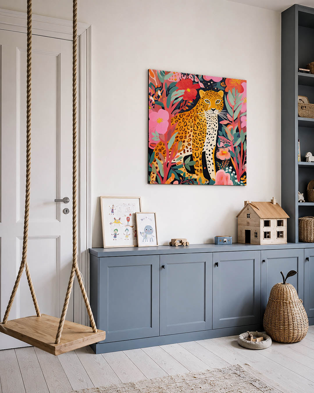 Levendige dierenwereld kunstwerk – vierkante wanddecoratie – dit werk toont een kleurrijke compositie van een luipaard