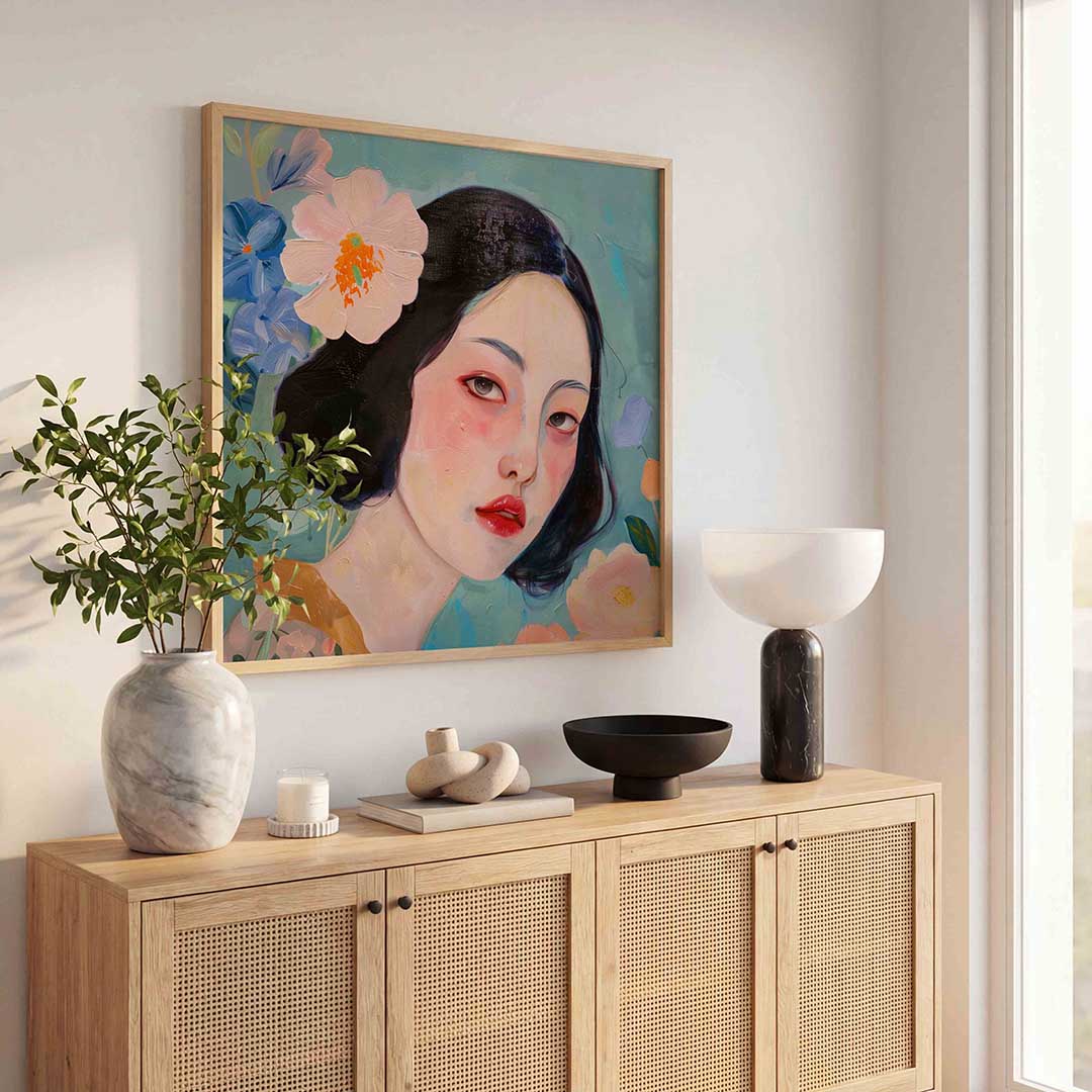 Vrouw met bloemen – kunst en design poster in vierkant formaat