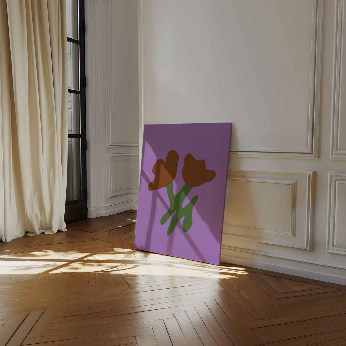 Simpele Bloemenschikking op Paarse Achtergrond – modern portret kunstwerk van WallArtistic