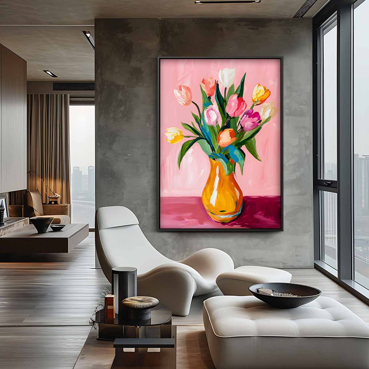 Vrolijk Tulpenboeket op Roze Achtergrond – staande wandkunst voor woonkamer of interieur